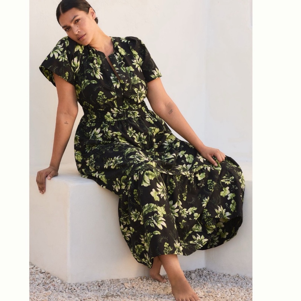 Anthropologie Black Floral Maxi Dress with Green and Cream Print - Picture 5 of 12